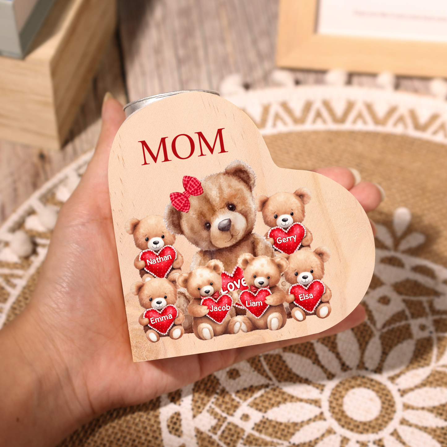 A mi mamá/abuela-Candelero osos 1-6 nombres y 1 texto personalizados en forma de corazón de madera sin candela-Jessemade ES