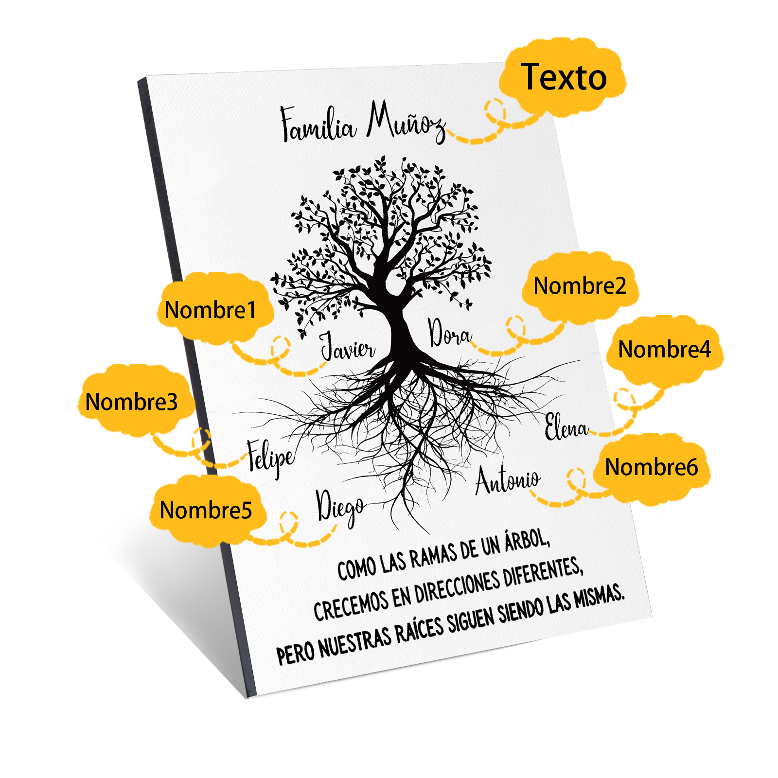 A mi familia-Lámina marco de madera Árbol de la Vida 1 texto y 6 nombres personalizados-Jessemade ES