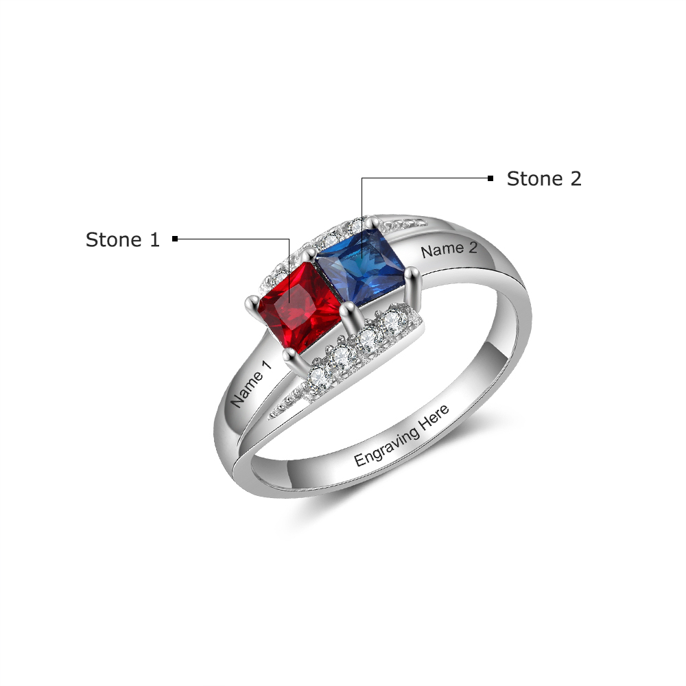 Anillo de Plata 925 2 Nombres Personalizados con 2 Piedras de Nacimiento
