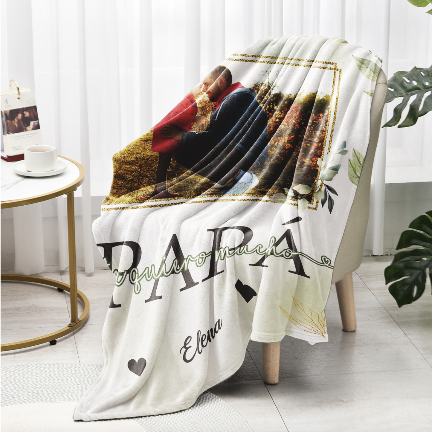 A mi padre de hij@-Manta de buen calidad con hojas personalizada con 1 foto y 1 nombre-Jessemade ES