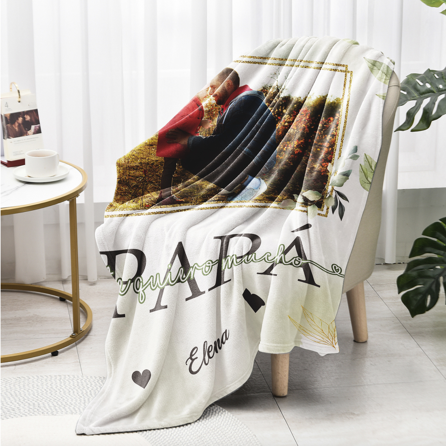 A mi padre de hij@-Manta de buen calidad con hojas personalizada con 1 foto y 1 nombre-Jessemade ES