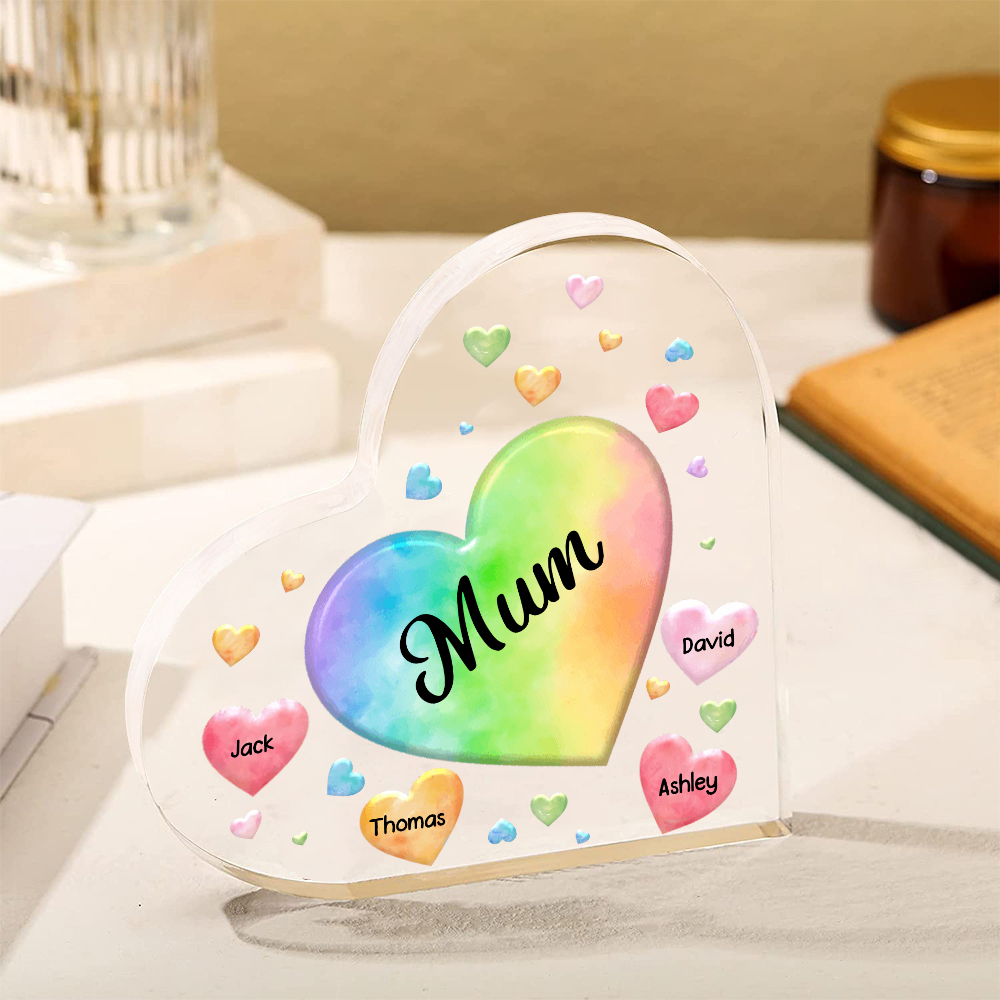 A mi mamá/abuela-Placa de acrílico "Corazones" en forma de corazón 4 nombres y 1 texto personalizados-Jessemade ES