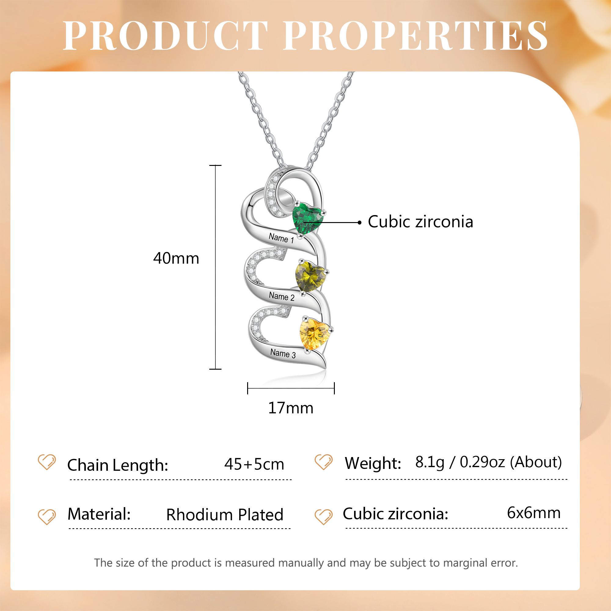 Collar de corazones con 2-5 nombres personalizados y 2-5 piedras de nacimiento-Jessemade ES