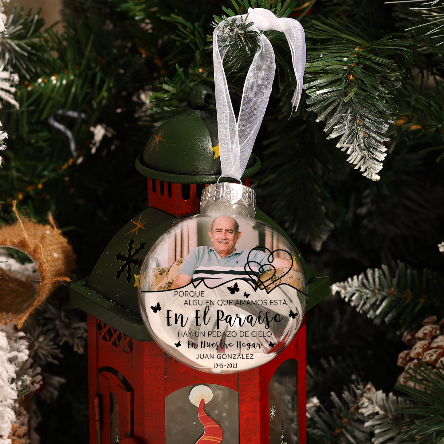 Bola navideña conmemorativa Adorno de Navidad 2 textos y 1 foto personalizados con pluma -Jessemade ES