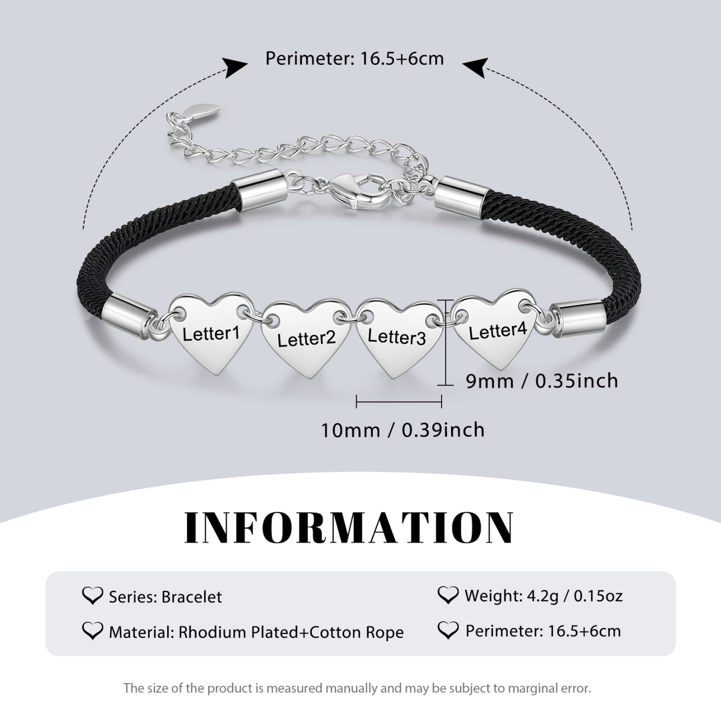 Pulsera de cuerda con dije de corazón 1-4 letras personalizadas-Jessemade ES