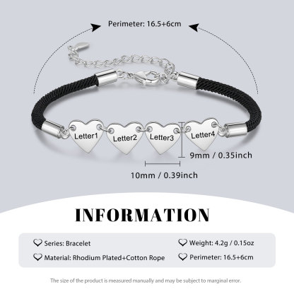 Pulsera de cuerda con dije de corazón 1-4 letras personalizadas-Jessemade ES
