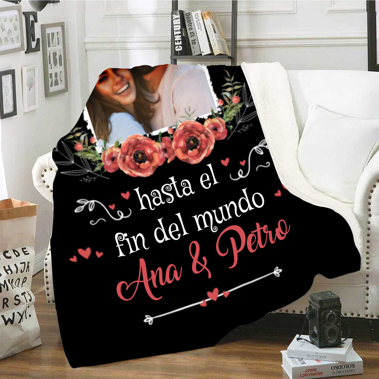 Pareja-Manta de buen calidad de foto personalizada con 2 nombres-Jessemade ES