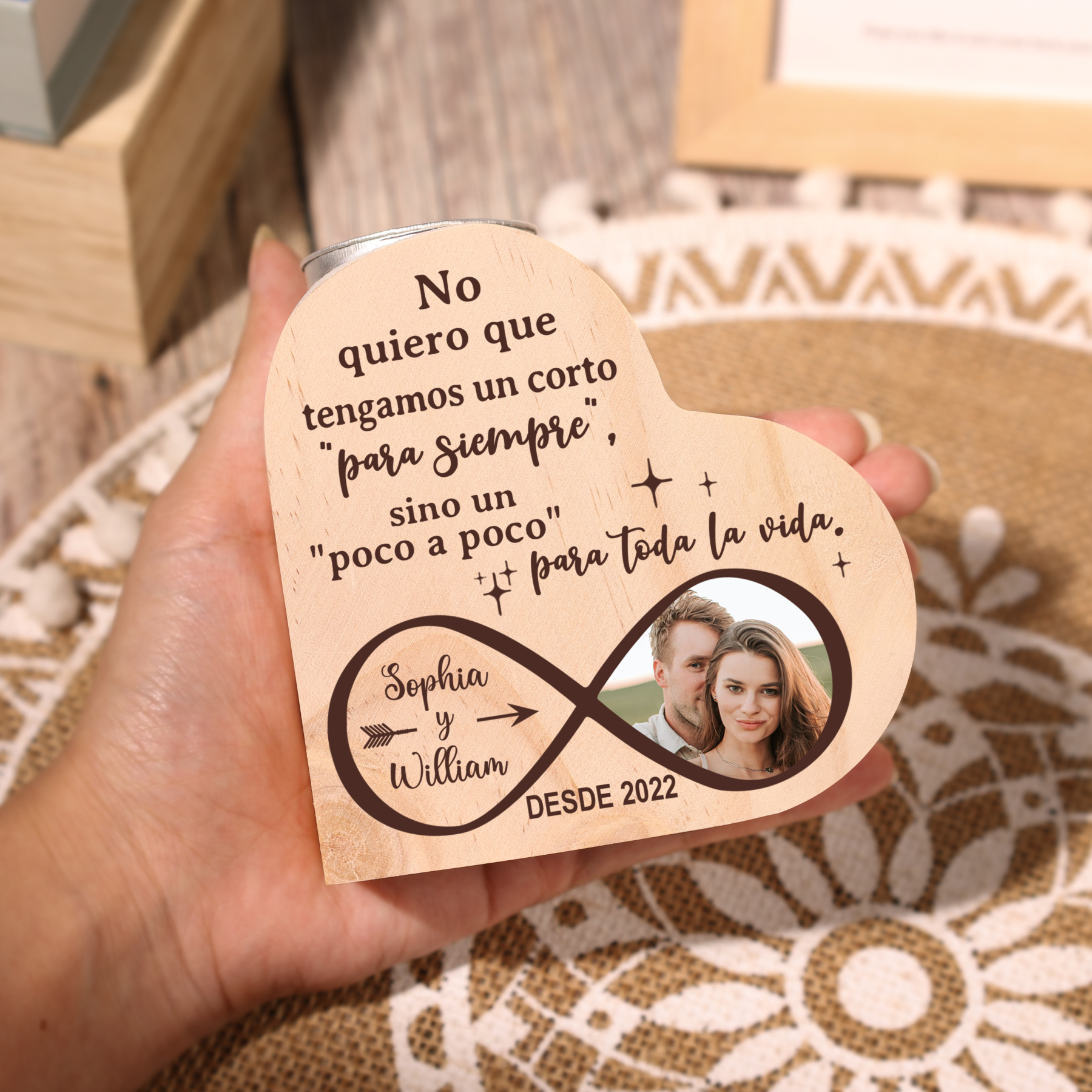 Candelero de madera infinito para pareja sin vela personalizado con 2 nombres, año y foto-Jessemade ES