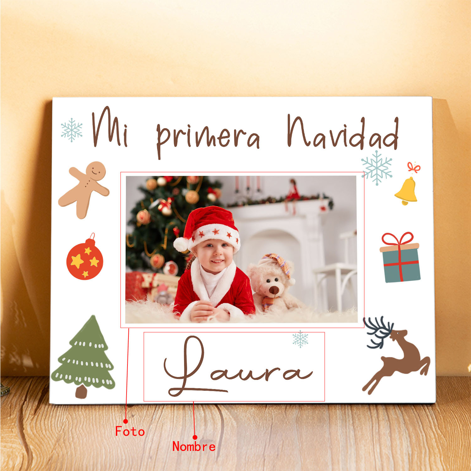A mi bebé-Lámina marco de madera Mi Primera Navidad de 1 foto y 1 nombre-Jessemade ES