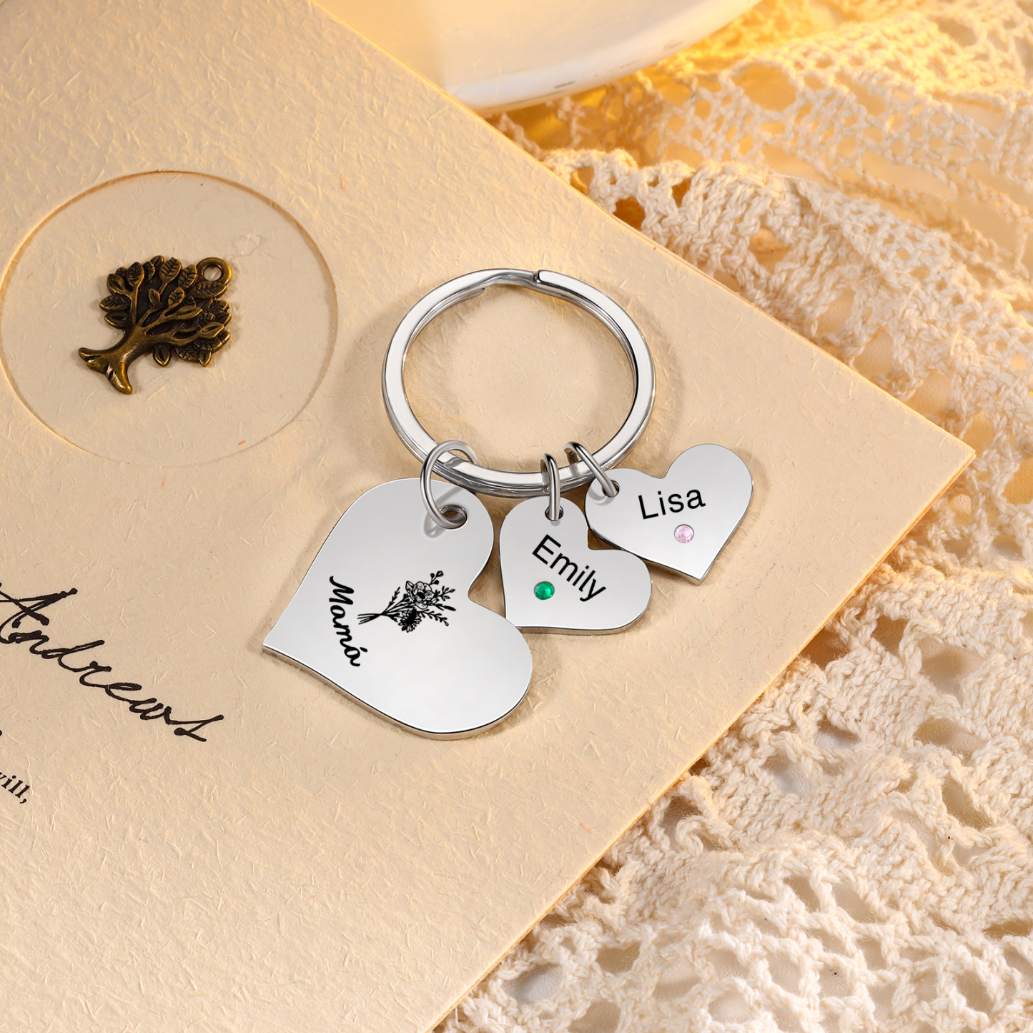 A mi mamá/abuela - Llavero con 2 nombres y piedras de nacimiento personalizados en corazones con texto y flor-Jessemade ES