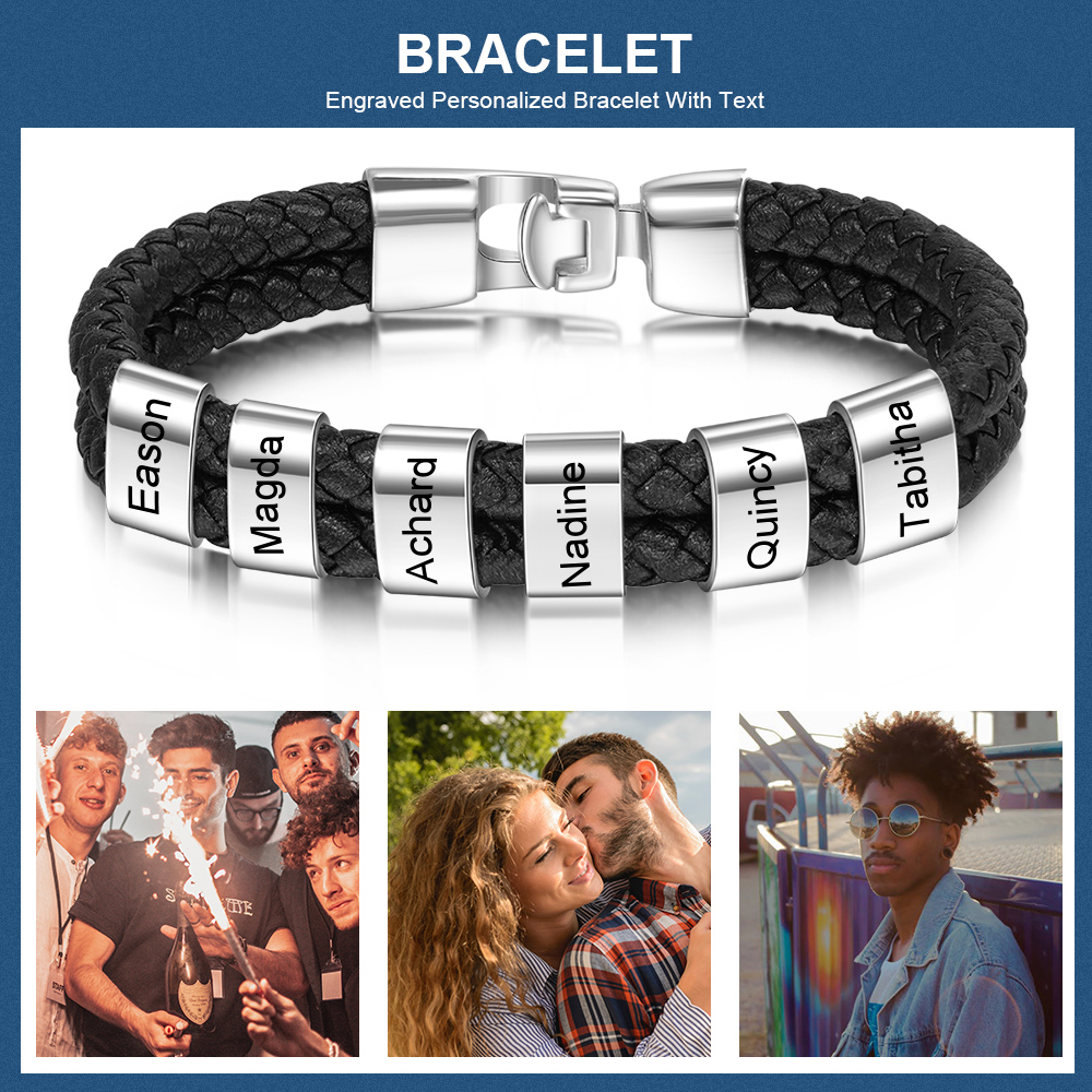 Pulsera 1-8 Nombres Personalizados de Cuero Trenzado con Aros-Jessemade ES