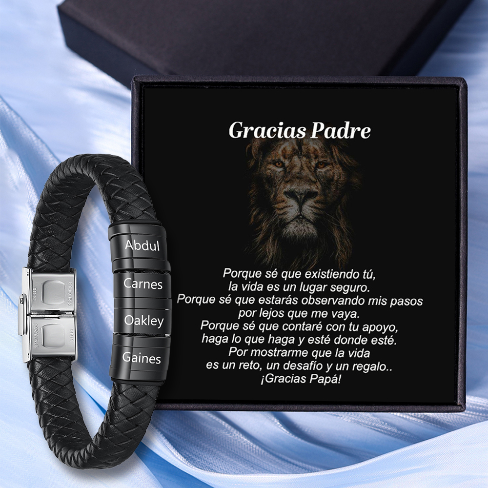 A MI PAPÁ-Pulsera de cuero trenzado de hombre con 4 perlas personalizadas con 4 nombres-Jessemade ES