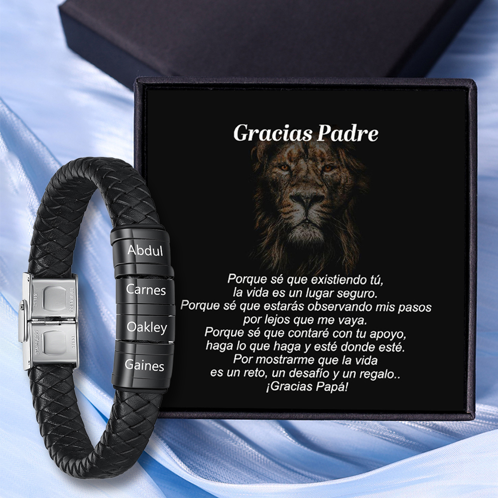 A MI PAPÁ-Pulsera de cuero trenzado de hombre con 4 perlas personalizadas con 4 nombres-Jessemade ES