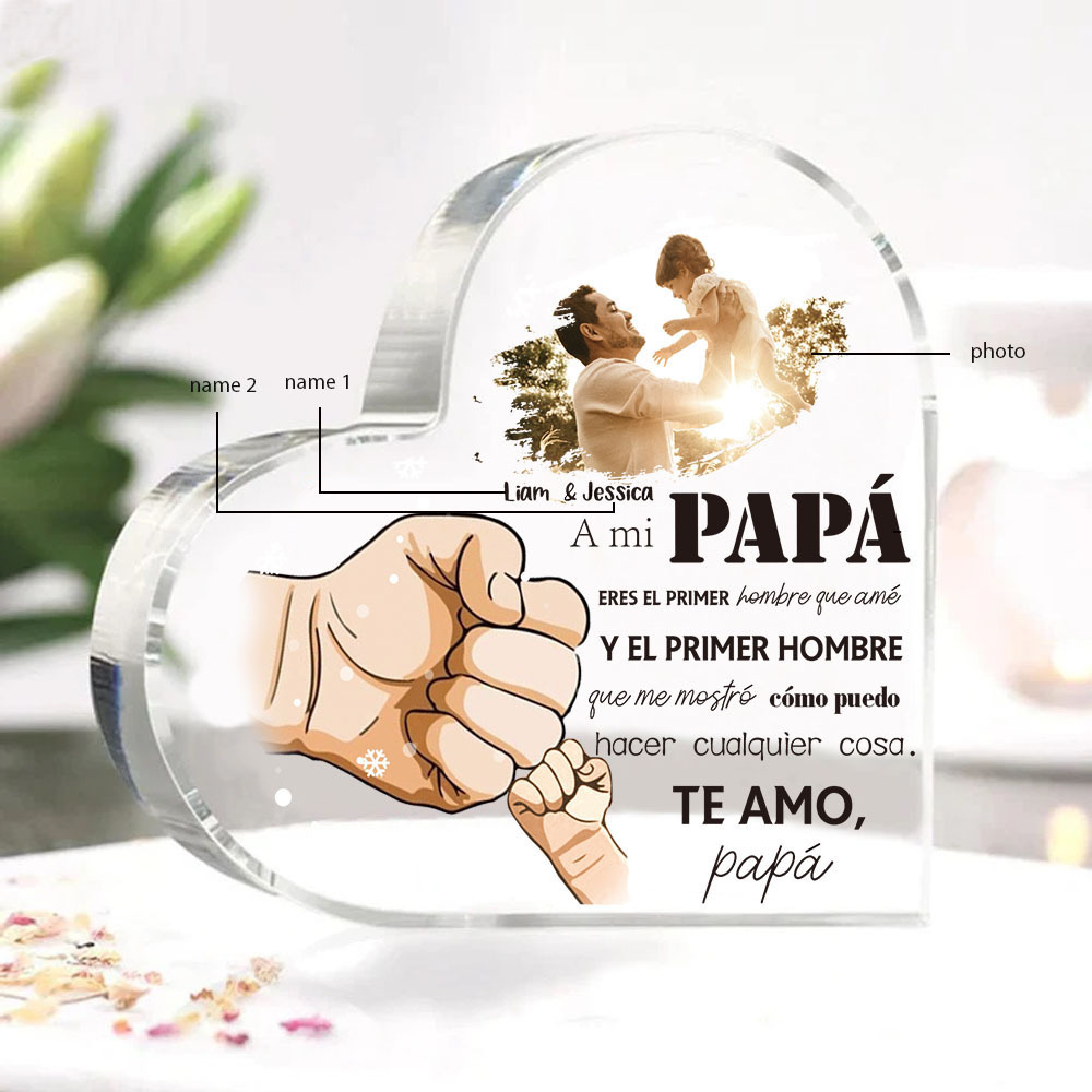 A mi papá-Placa de acrílico en forma de corazón con 2 nombres y 1 foto personalizados-Jessemade ES
