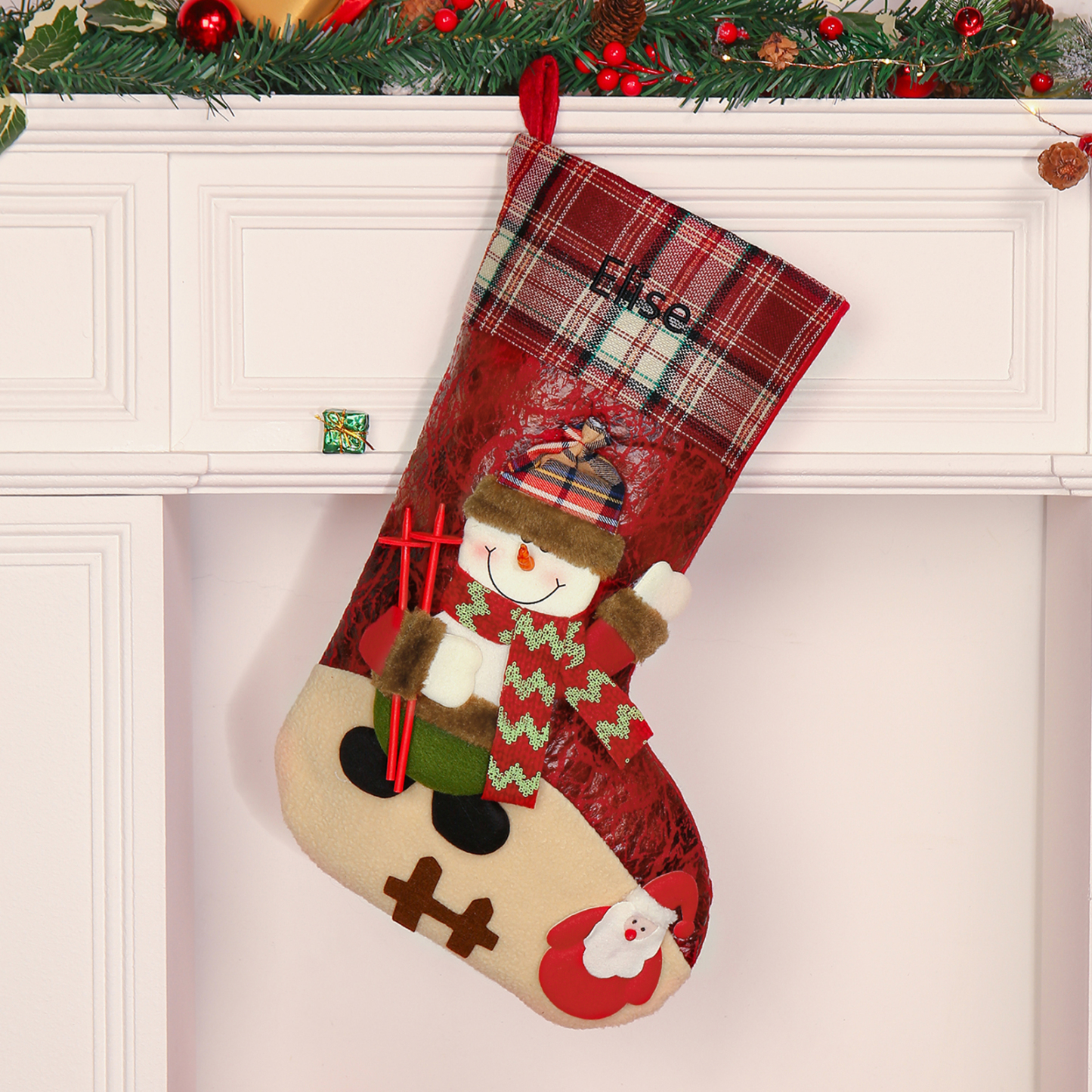 Adornos de medias navideñas con muñeco Bolsa de regalo 1 Nombre personalizado-Jessemade ES