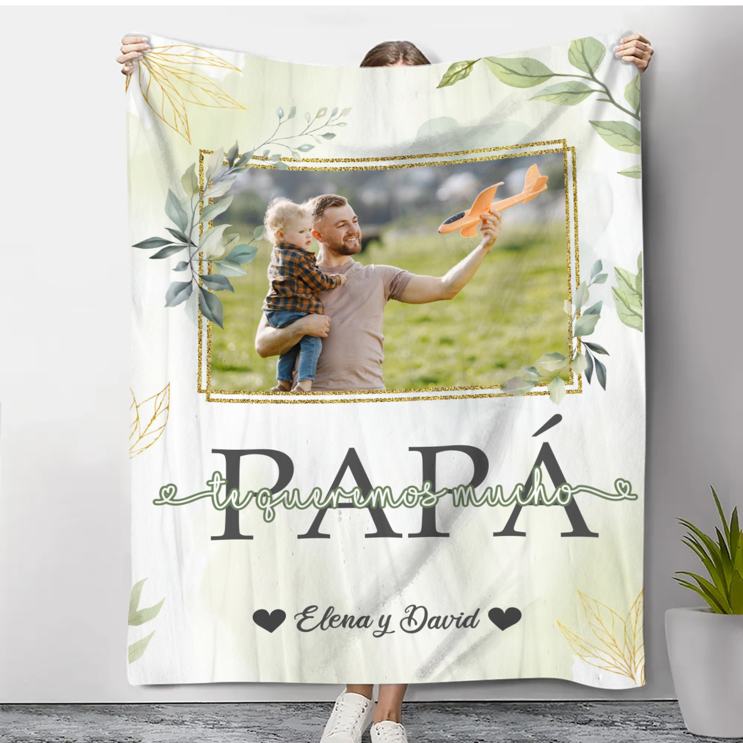 A mi padre de hij@s-Manta de buen calidad con hojas personalizada con 1 foto y 1 texto-Jessemade ES