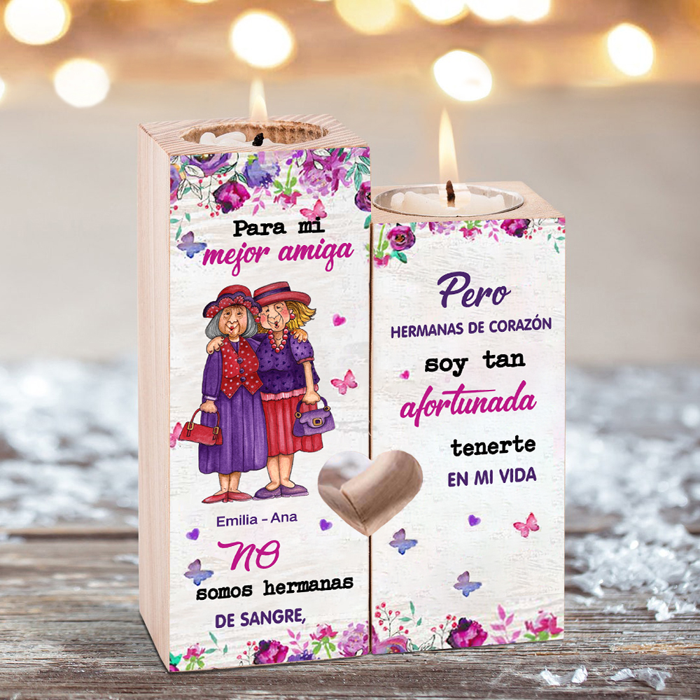 Candelero para amiga de madera de dos piezas sin candela con nombres personalizados-Jessemade ES