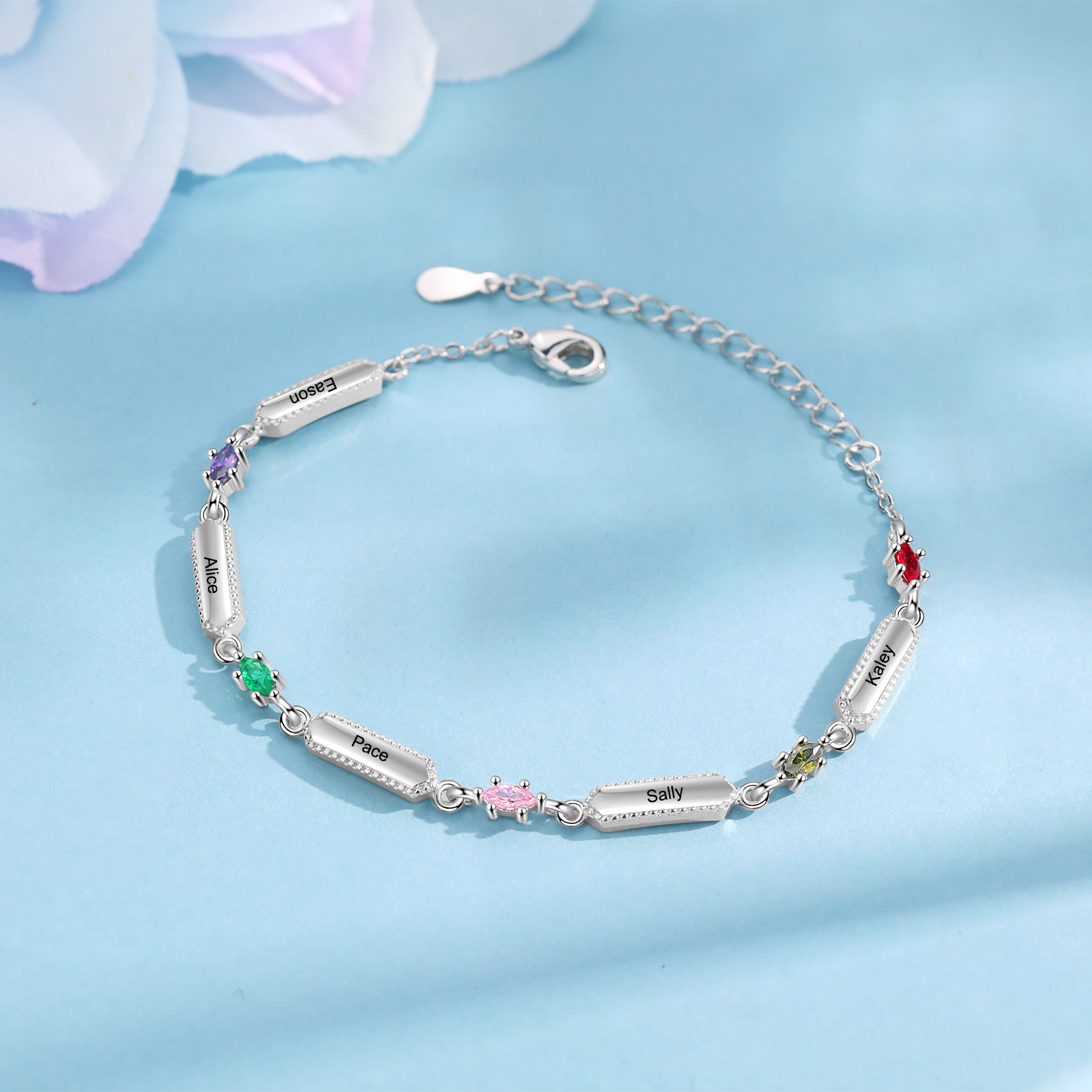 Pulsera infinito para mujer y placa personalizada con 5 nombres y 5 piedras de nacimiento-Jessemade ES
