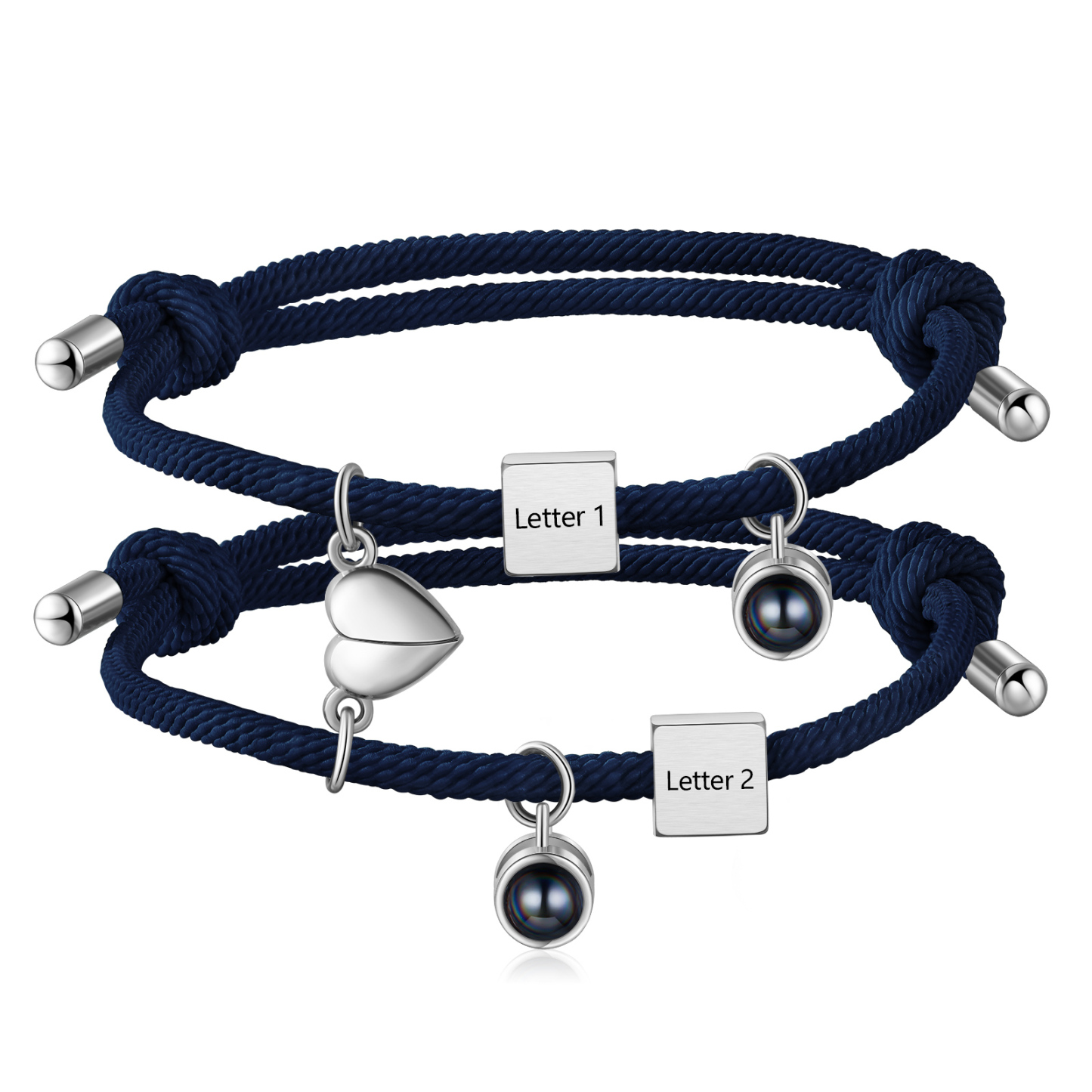 Pulsera de cuerda para pareja personalizada con 2 letras con proyección de foto y dije de corazón magnético-Jessemade ES