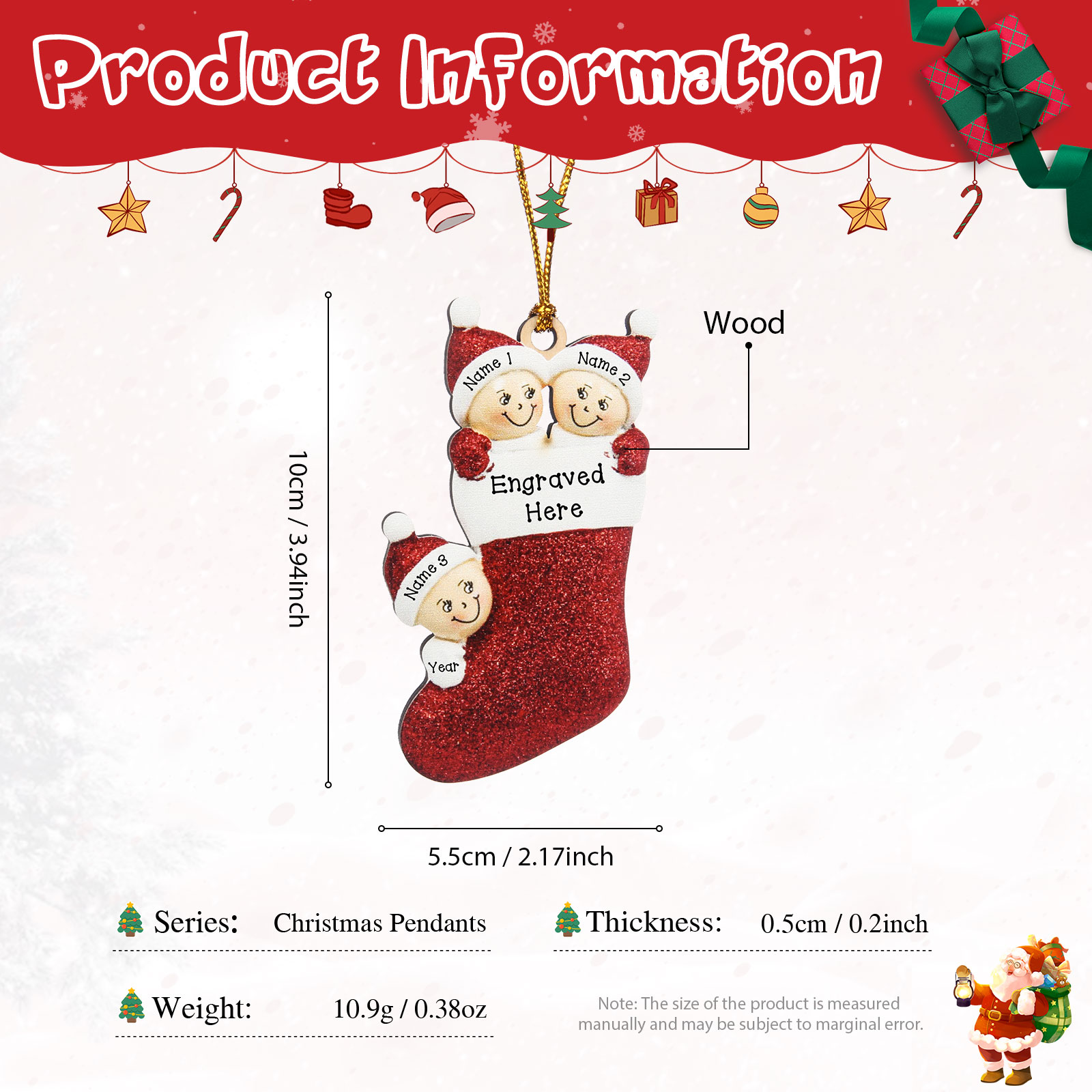 Navidad-Ornamentos Navideños de Madera Calcetín 3 Nombres con Texto Personalizados