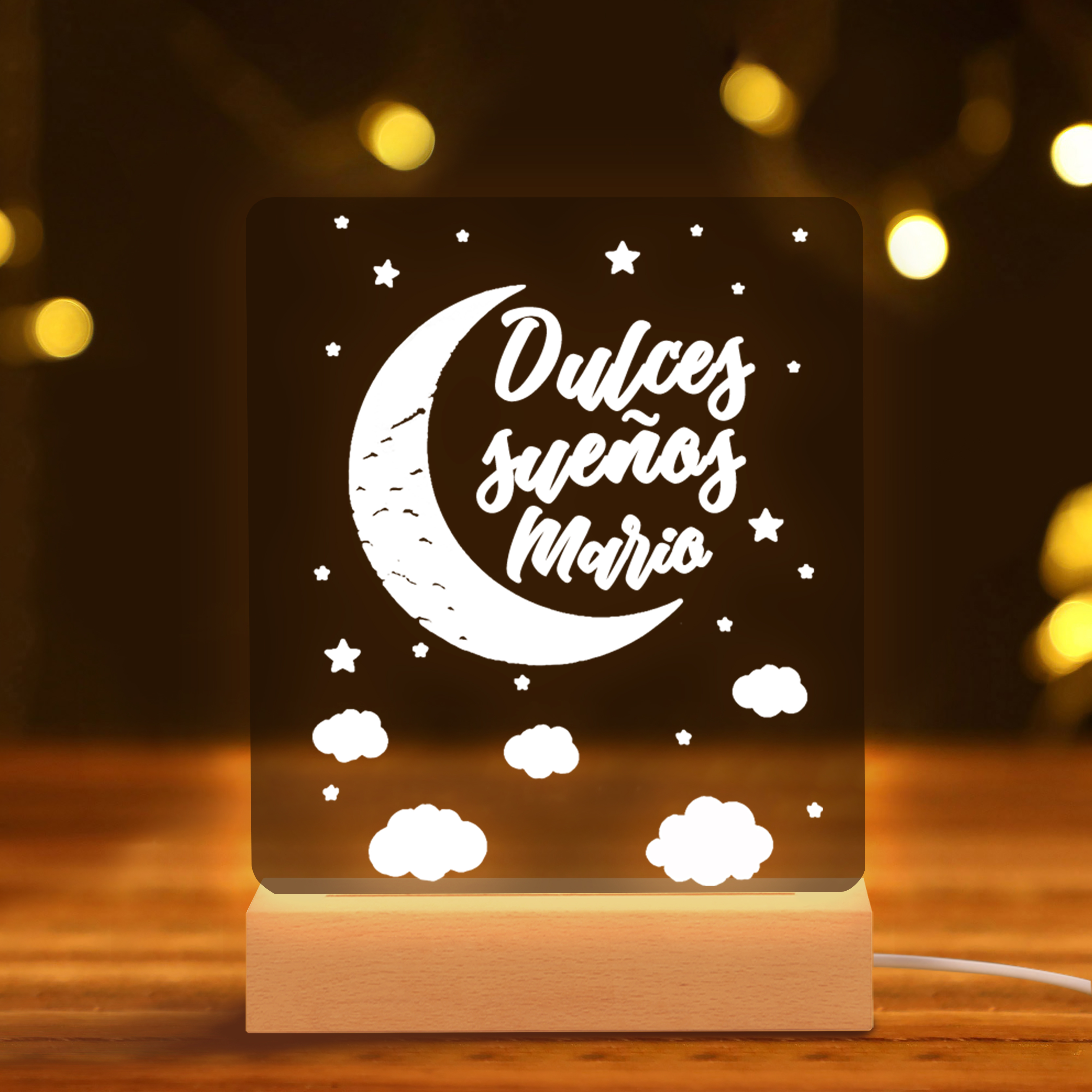 Lámpara Ilusión 3D Luz de Noche LED Dulces Sueños Luna y Nubes con Nombre Personalizado-Jessemade ES