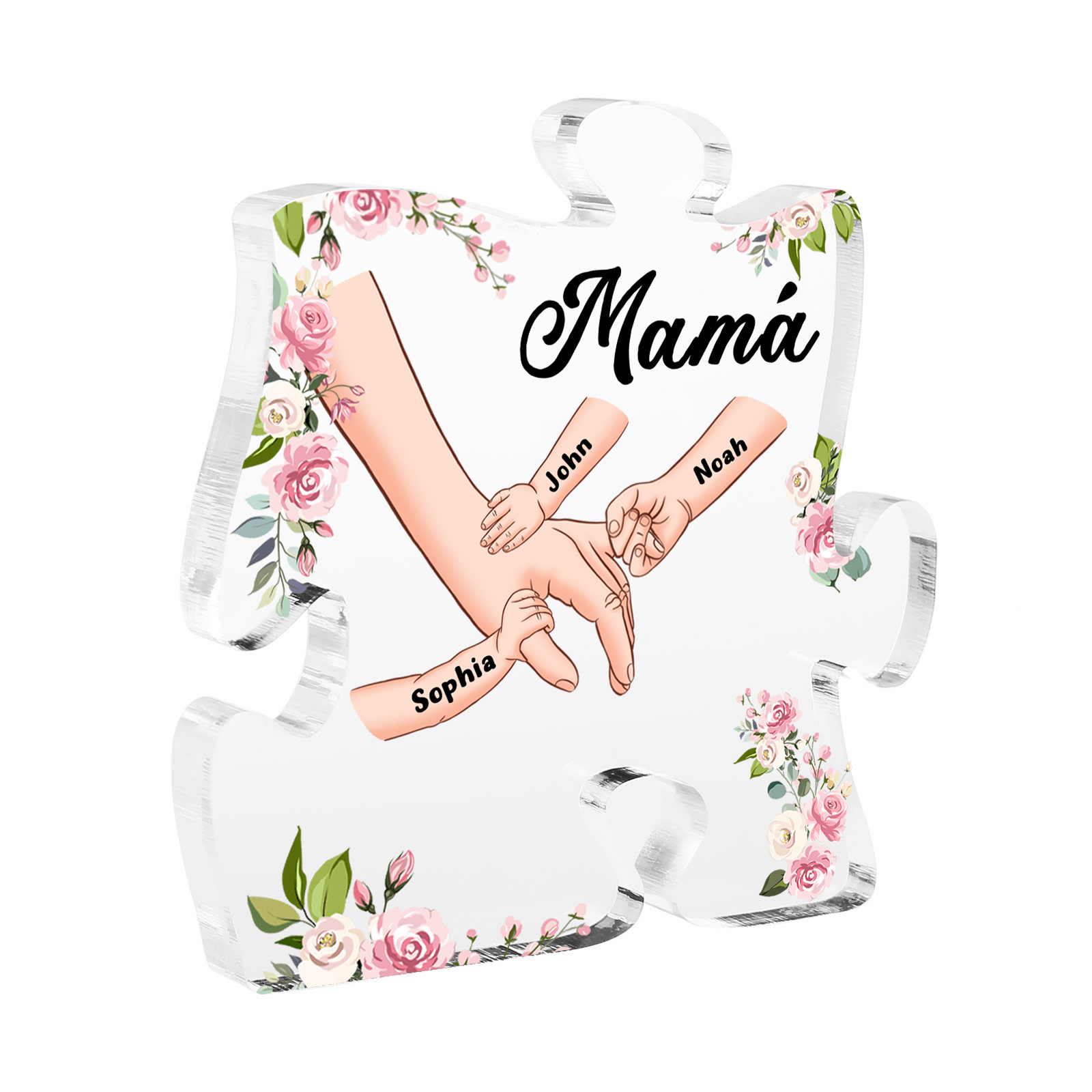 A mi mamá/abuela-Placa de acrílico en forma de corazón mano a mano con 1 texto y 3 nombres personalizados | Jessemade