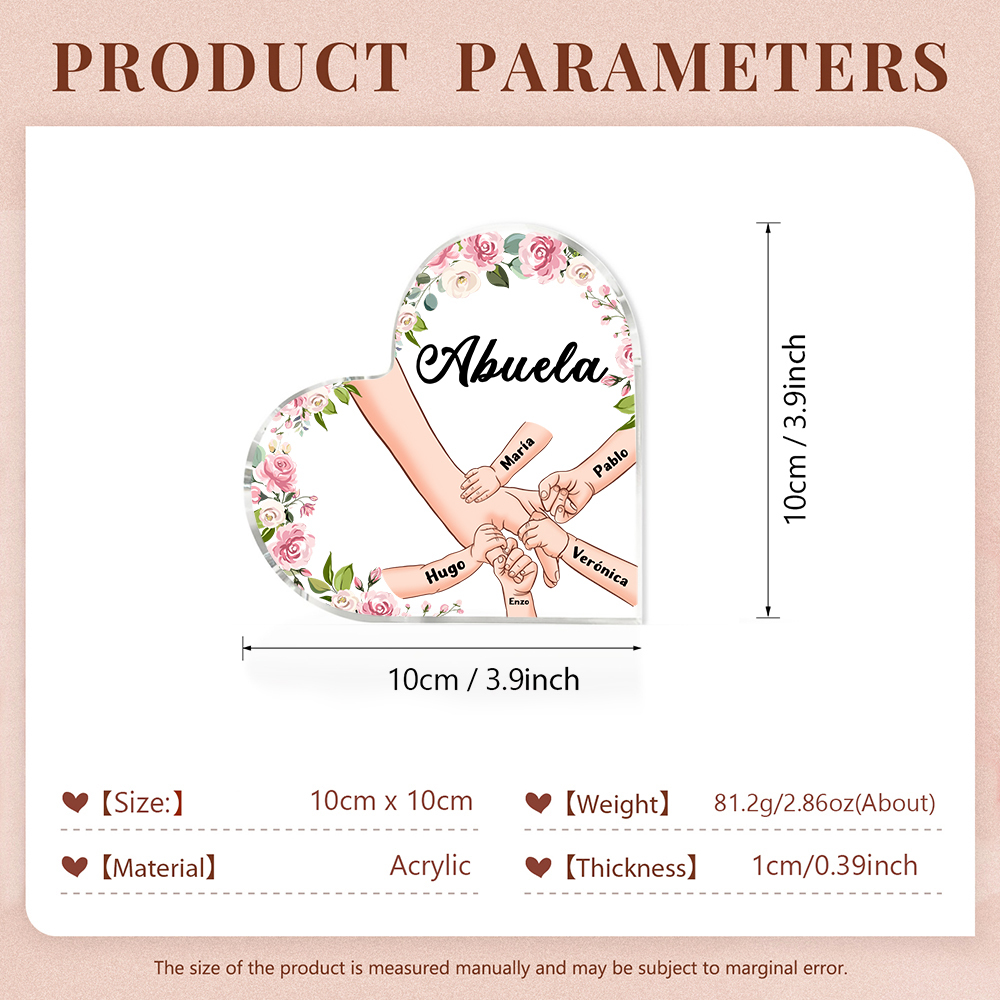 A mi mamá/abuela-Placa de acrílico en forma de corazón mano a mano con 1 texto y 5 nombres personalizados | Jessemade