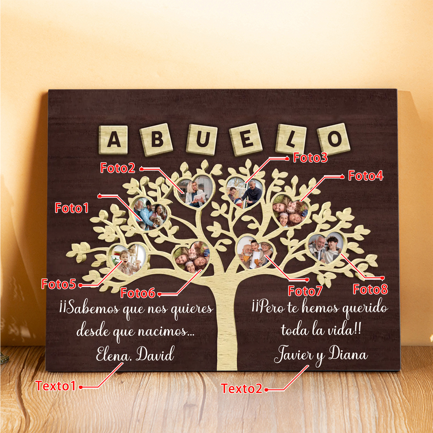 Feliz Día del Padre a mi abuelo-Lámina marco de madera 8 fotos y 2 textos personalizados con frase de amor-Jessemade ES