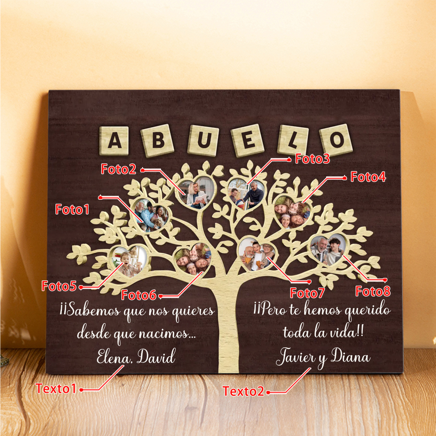 Feliz Día del Padre a mi abuelo-Lámina marco de madera 8 fotos y 2 textos personalizados con frase de amor-Jessemade ES