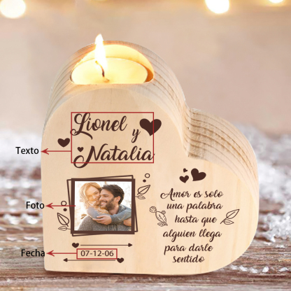 Candelero de madera con foto para pareja sin vela personalizado con texto y fecha-Jessemade ES