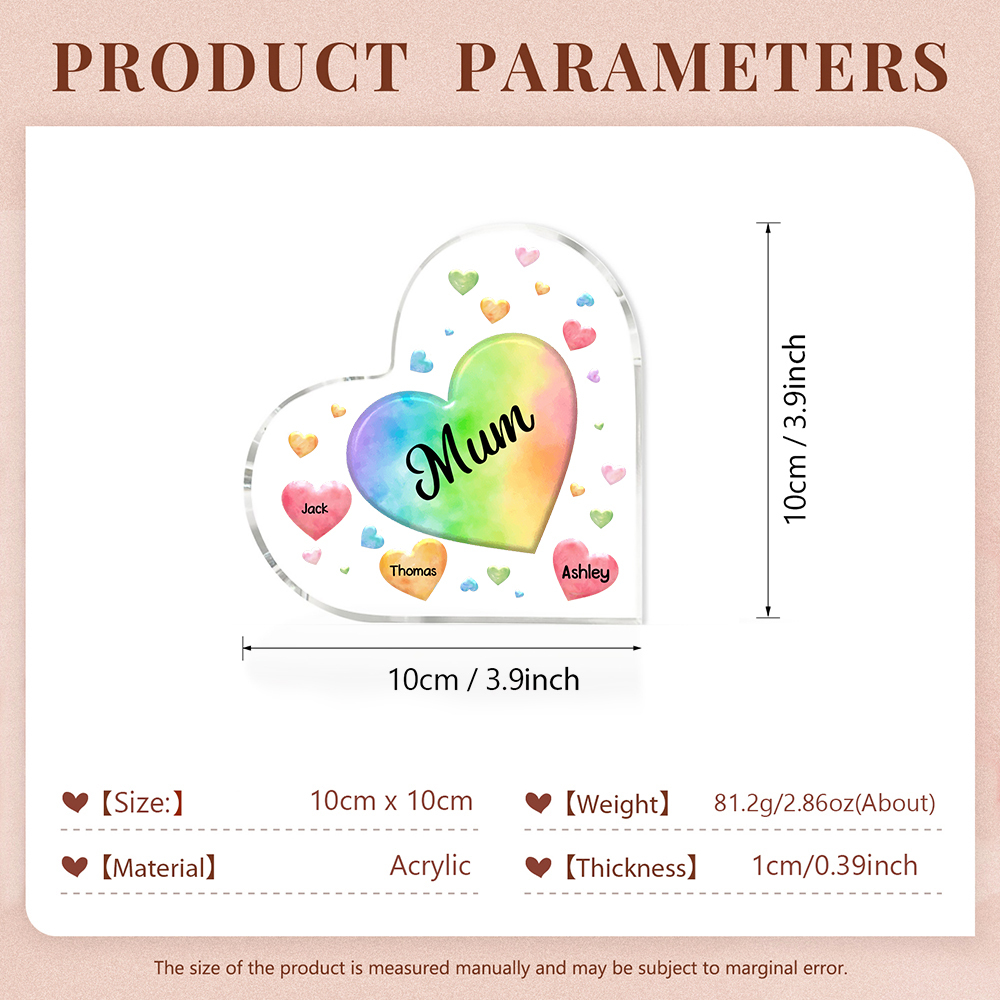 A mi mamá/abuela-Placa de acrílico "Corazones" en forma de corazón 3 nombres y 1 texto personalizados-Jessemade ES