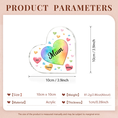 A mi mamá/abuela-Placa de acrílico "Corazones" en forma de corazón 3 nombres y 1 texto personalizados-Jessemade ES