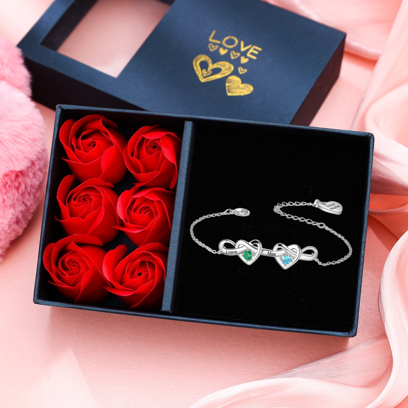 Pulsera para mujer de corazones entrelazados con 2-6 nombres y piedras personalizados color plateado | Jessemade