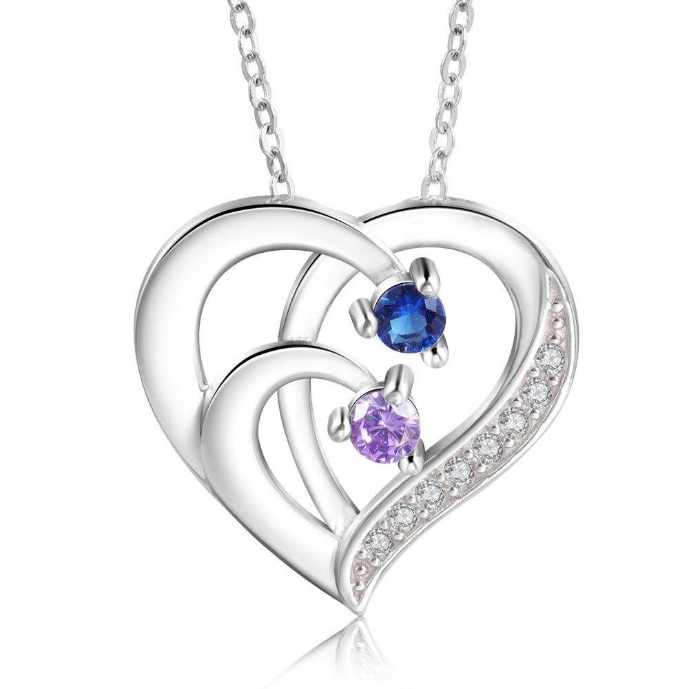 Collar de corazón de plata 925 con 2 nombres y 2 piedras de nacimiento personalizados-Jessemade ES