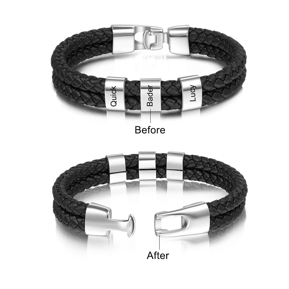 Pulsera 1-8 Nombres Personalizados de Cuero Trenzado con Aros-Jessemade ES