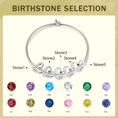Pulsera 2-6 nombres y piedras de nacimiento personalizados con colgantes de corazón plateado