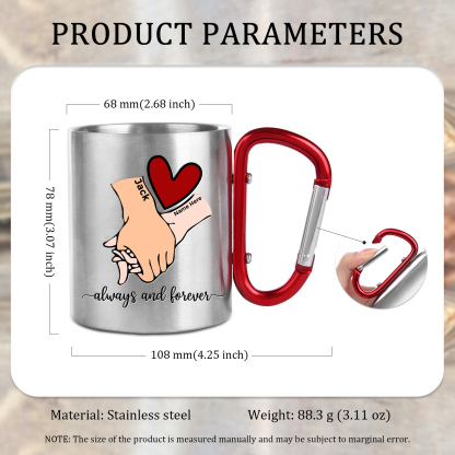 Taza de acero inoxidable actividad al aire libre para pareja manos cogidas 2 nombres personalizados-Jessemade ES