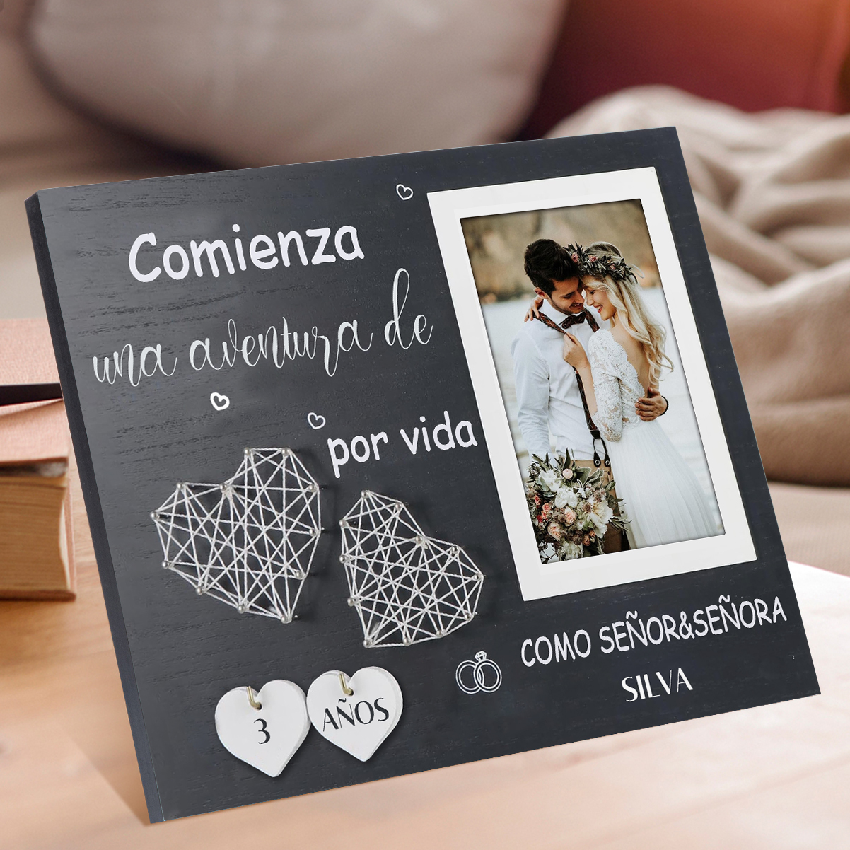 Lámina marco de madera para pareja apellido y número personalizados con 1 foto-Jessemade ES