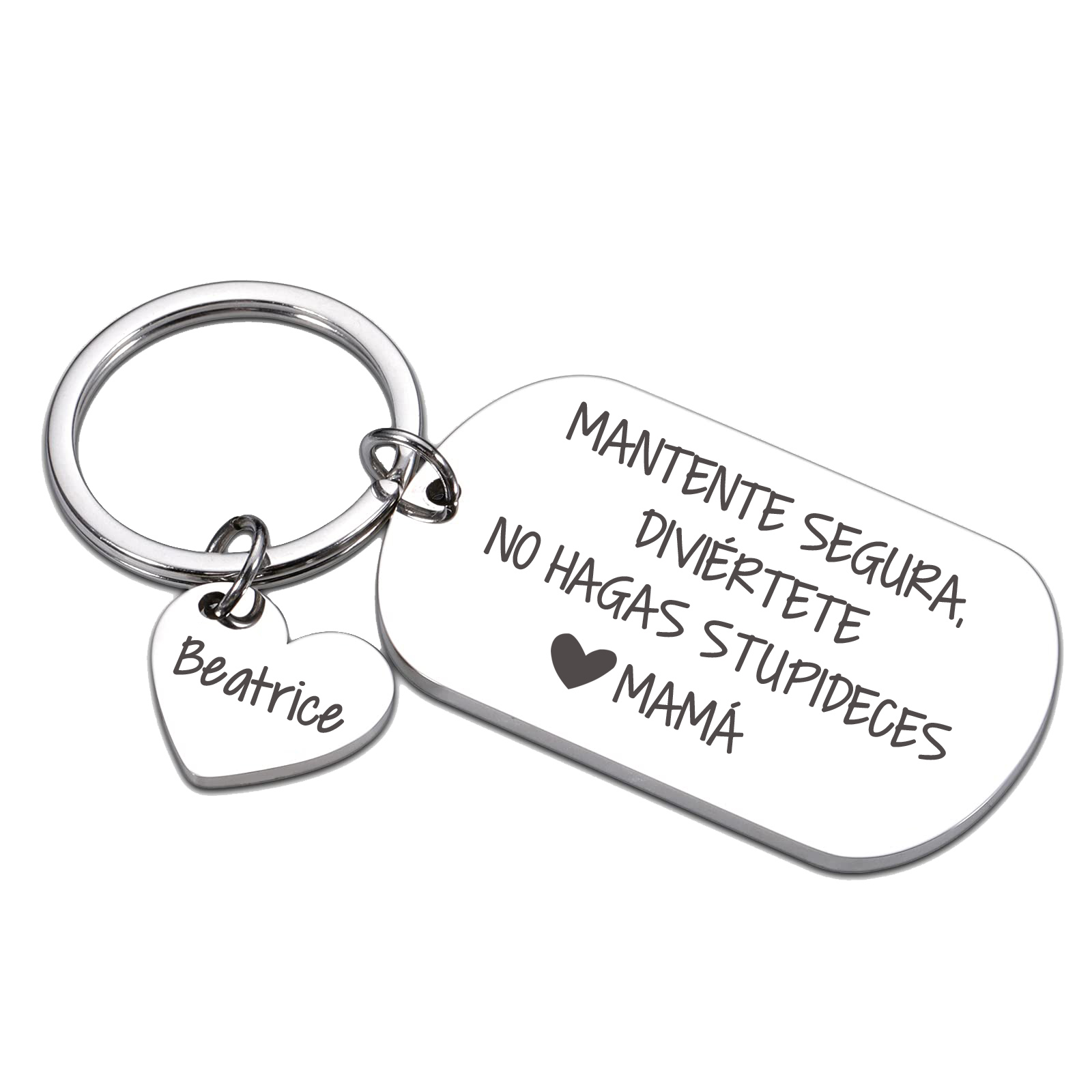 Llavero de placa "MANTENTE SEGURA, DIVIÉRTETE, NO HAGAS STUPIDECES" a hija de padres 1 nombre personalizado-Jessemade ES