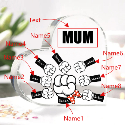 A mi mamá/abuela-Placa de acrílico "Puños" en forma de corazón 8 nombres y 1 texto personalizados-Jessemade ES
