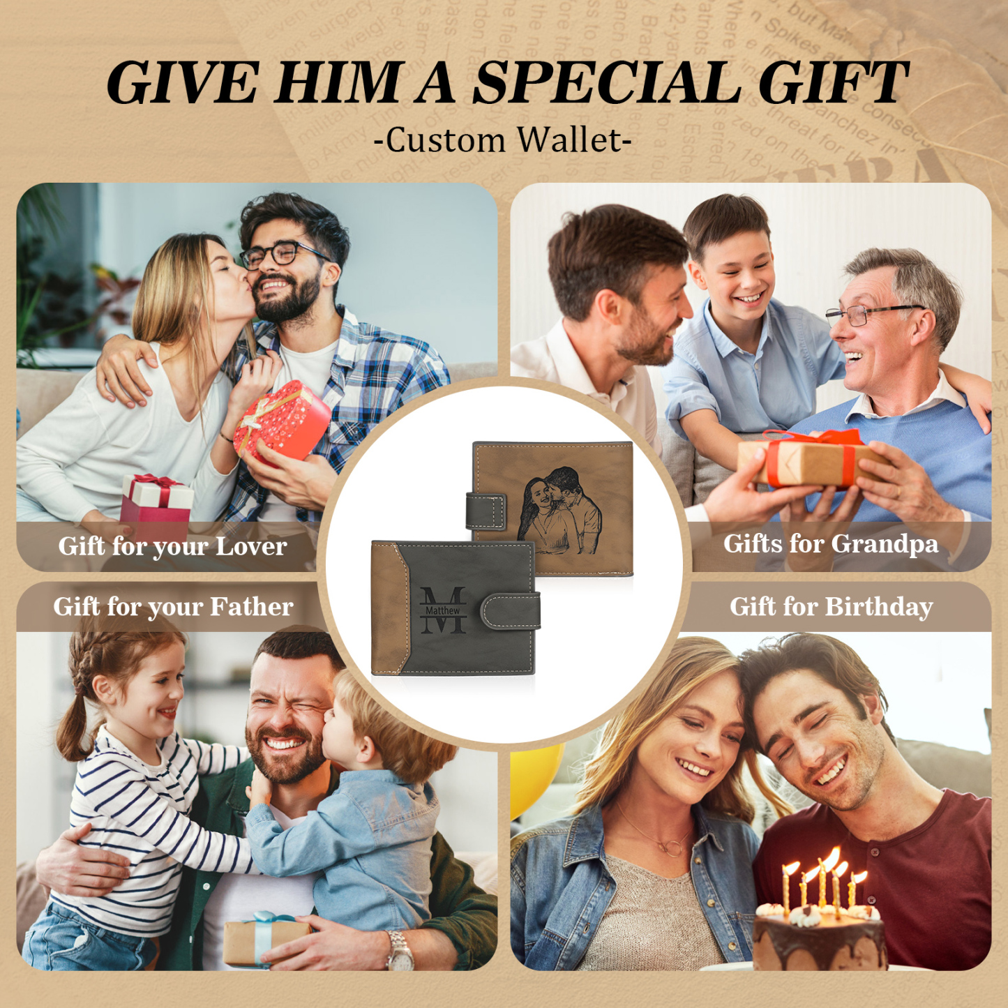 Cartera, billetera personalizada con 1 foto, 1 nombre y 1 letra monedero para hombre-Jessemade ES