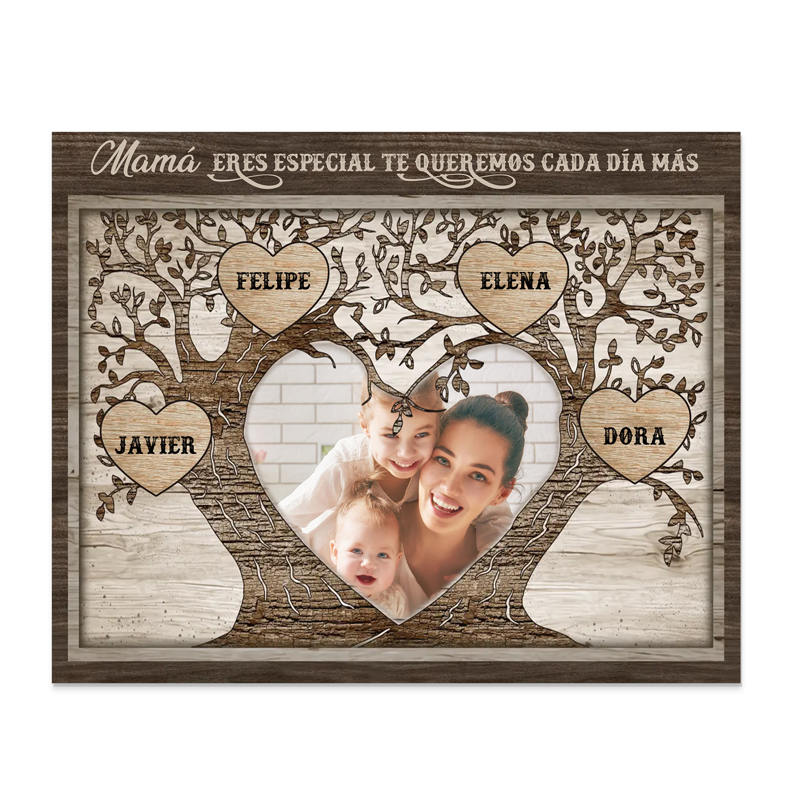 A familia - Lámina 2-9 nombres y 1 foto personalizados marco de madera árbol de la vida-Jessemade ES