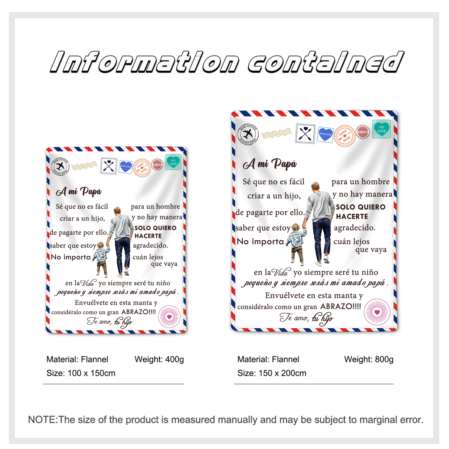 A mi padre de hijo-Manta de buen calidad con siluetas y personalizada con 1 nombre-Jessemade ES