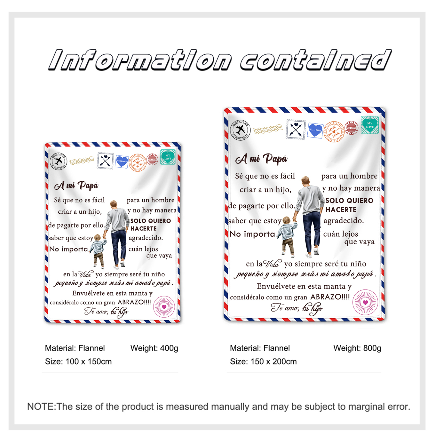 A mi padre de hijo-Manta de buen calidad con siluetas y personalizada con 1 nombre-Jessemade ES