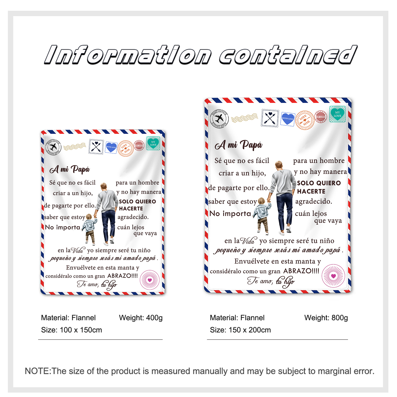 A mi padre de hijo-Manta de buen calidad con siluetas y personalizada con 1 nombre-Jessemade ES