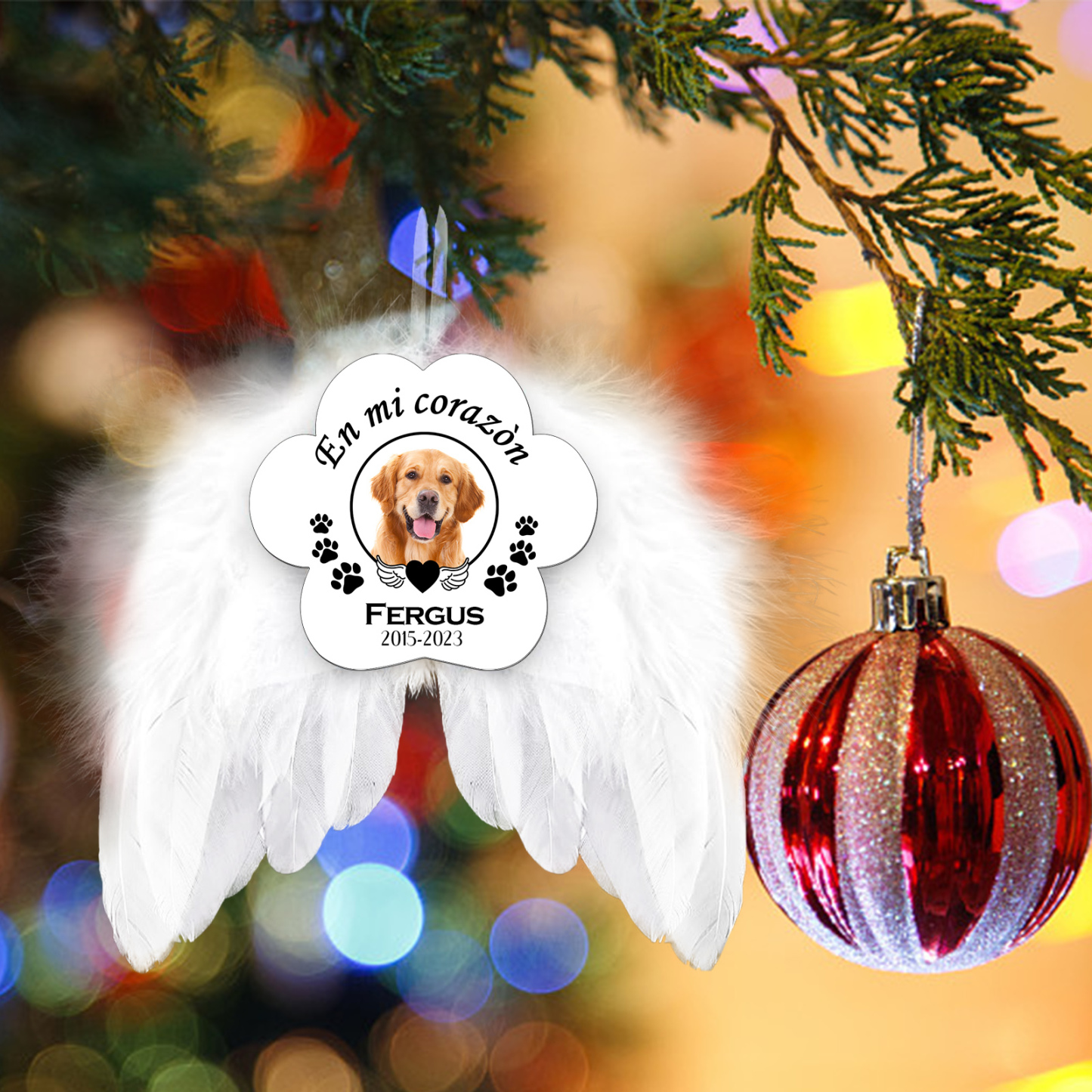 Navidad-Ornamento navideño alas de ángel en memoria de perros con 1 foto, 1 nombre y años personalizados-Jessemade ES