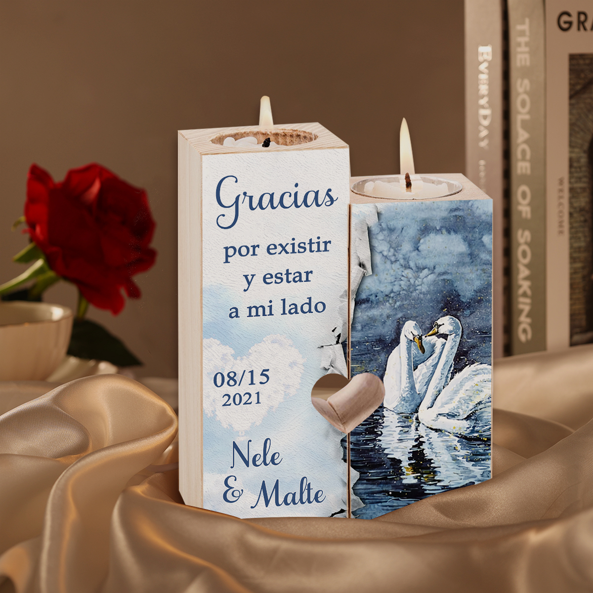 Candelero para pareja de madera de dos piezas sin candela con 2 nombres y fecha personalizados-Jessemade ES