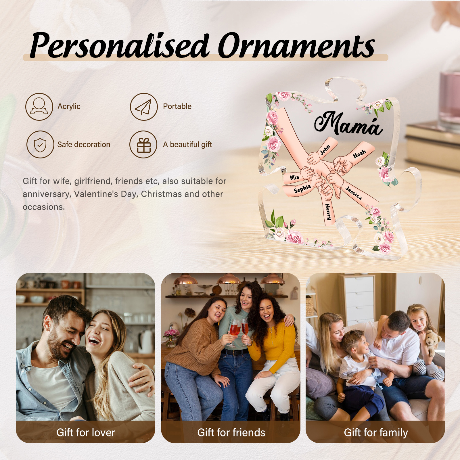 A mi mamá/abuela-Placa de acrílico en forma de corazón mano a mano con 1 texto y 6 nombres personalizados | Jessemade