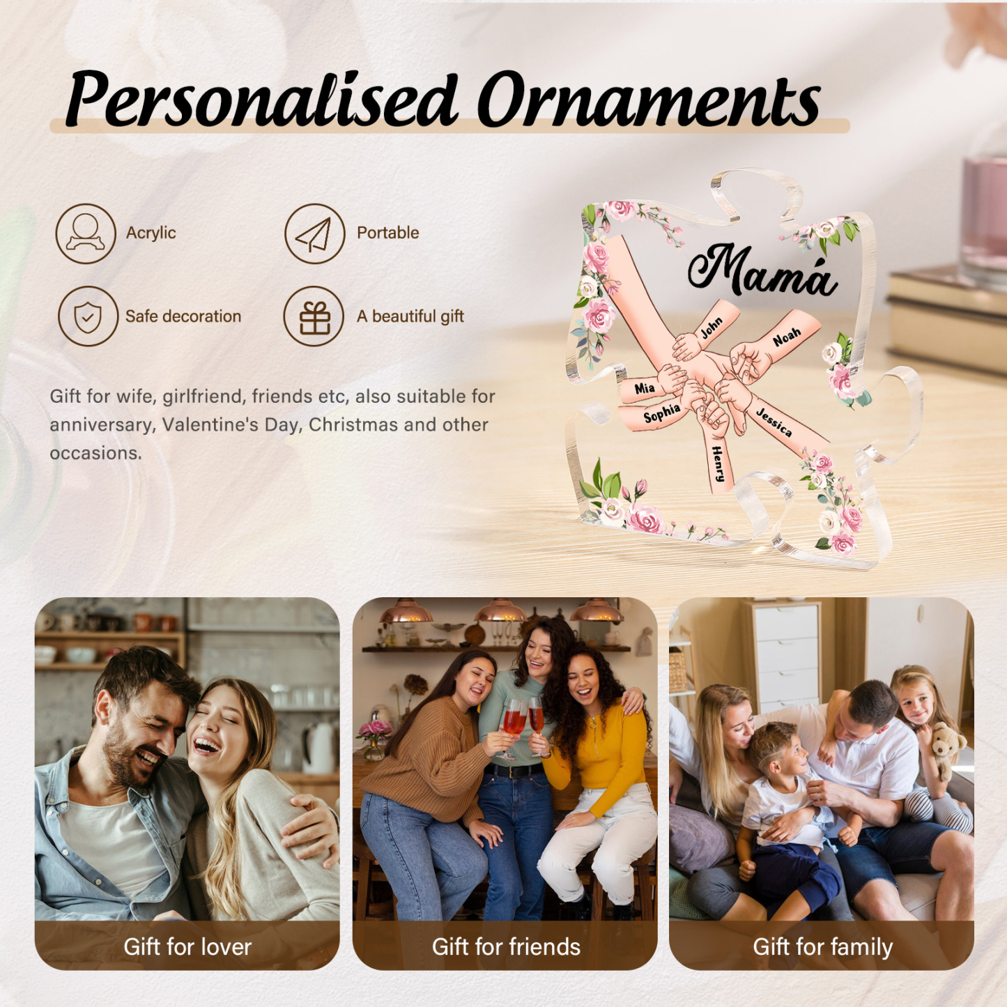 A mi mamá/abuela-Placa de acrílico en forma de corazón mano a mano con 1 texto y 6 nombres personalizados | Jessemade