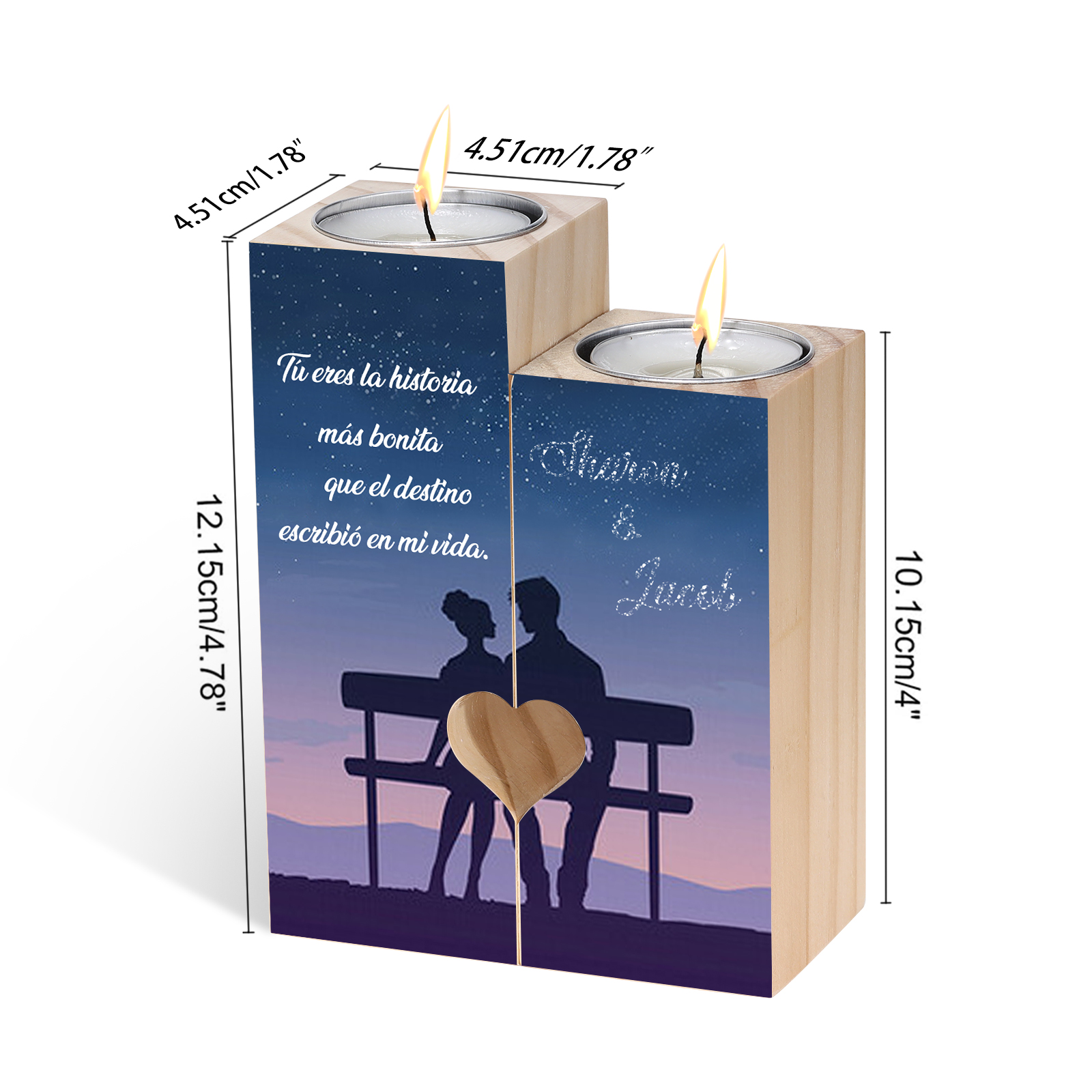 Candelero para pareja de madera de dos piezas sin candela con 2 nombres personalizados-Jessemade ES